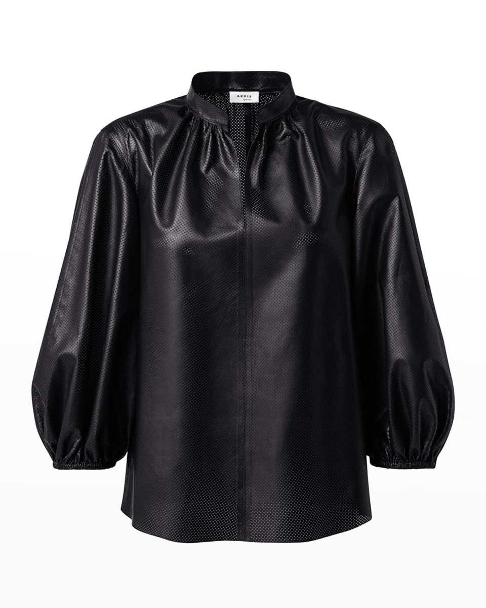 Mandarin-Collar Perforated Leather Blouse
